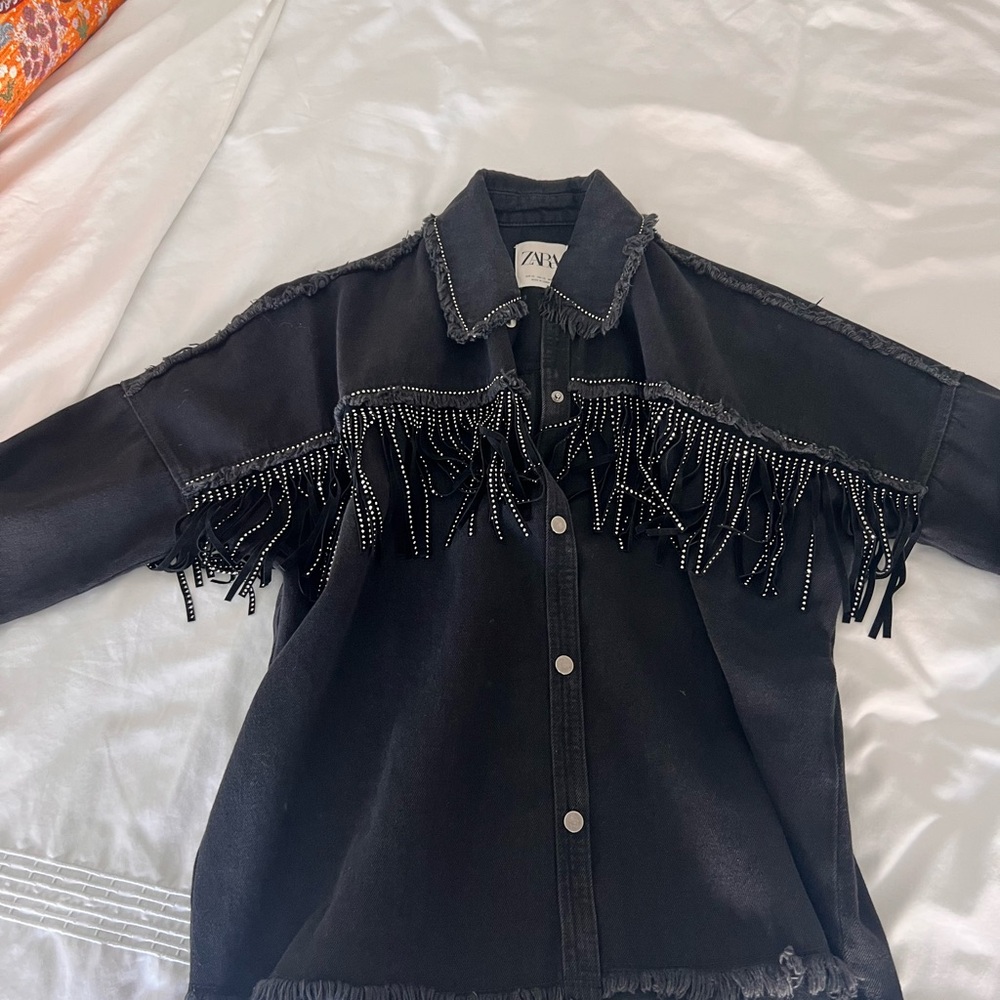 Zara Black Fringe Denim Jacket